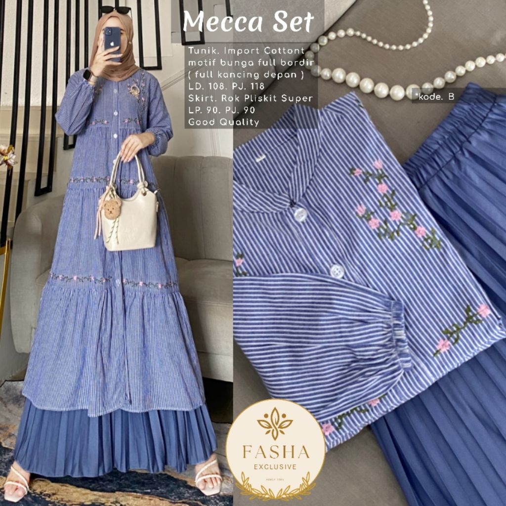 Mecca Set Midi Salur Bordir Mix Rok Plisket (Fasha)