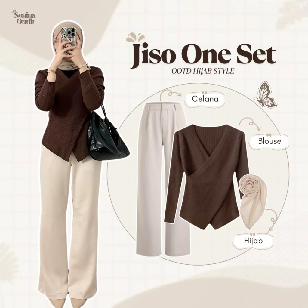 Oneset Mahogany 3in1 Hijab Blouse Celana / Setelan Wanita Kekinian Outfit Muslim Remaja Korean Style