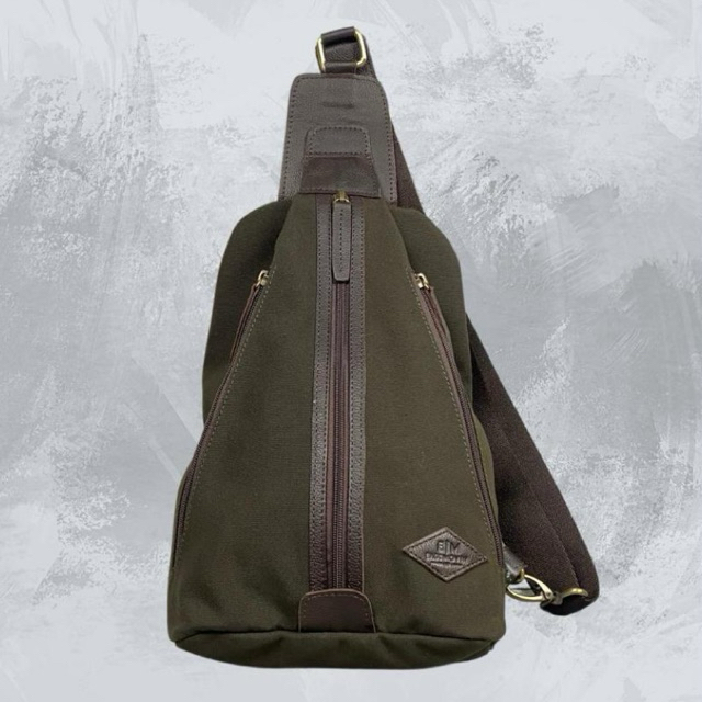 Tas Selempang Slingbag Kanvas Kulit Asli Eastmovin Florida Hijau Army