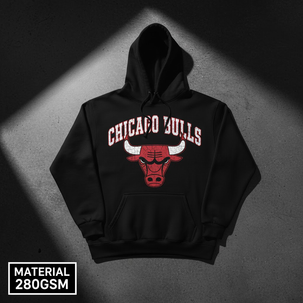 Hoodie Chicago Bulls Original Logo Distressed Premium 280GSM - Jaket Sweater Pria Wanita NBA Basket 