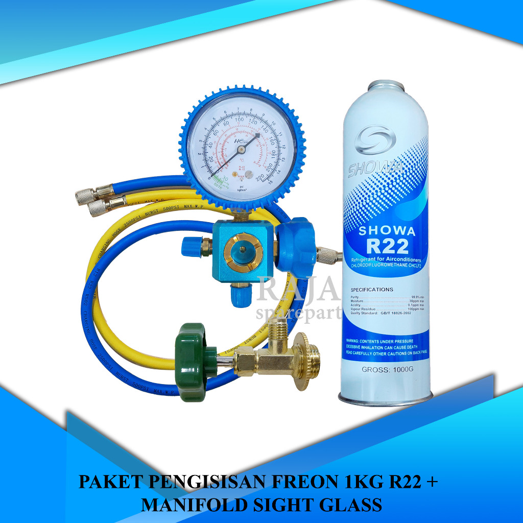 PAKET FREON / PAKET PENGISISAN FREON 1KG R22 + MANIFOLD SIGHT GLASS [PROMO]