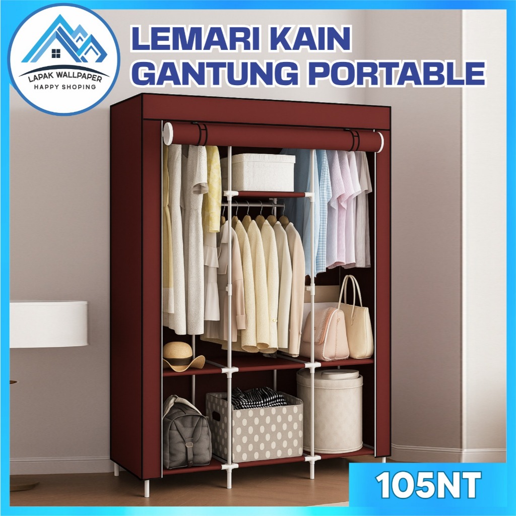 Lemari Pakaian Portable 2 Gantungan Besar Kain Rak Pakaian Serbaguna LW