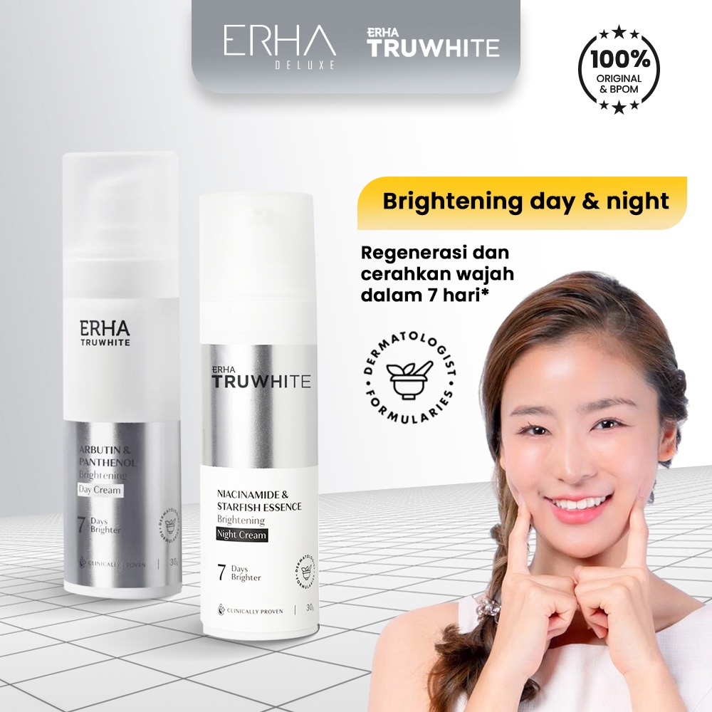 ERHA Truwhite Brightening Day Night Cream 2Pcs - Paket Krim Pemutih Pencerah Wajah Niacinamide SPF25