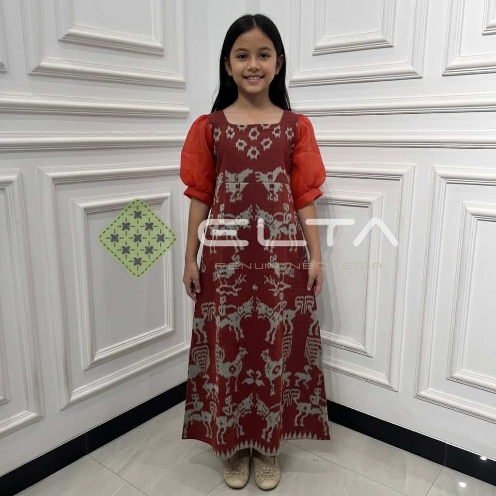ELTA TENUN Dress Anak Tenun Motif Sumba - Gaun Etnik Anak Perempuan Lengan Puff Cantik