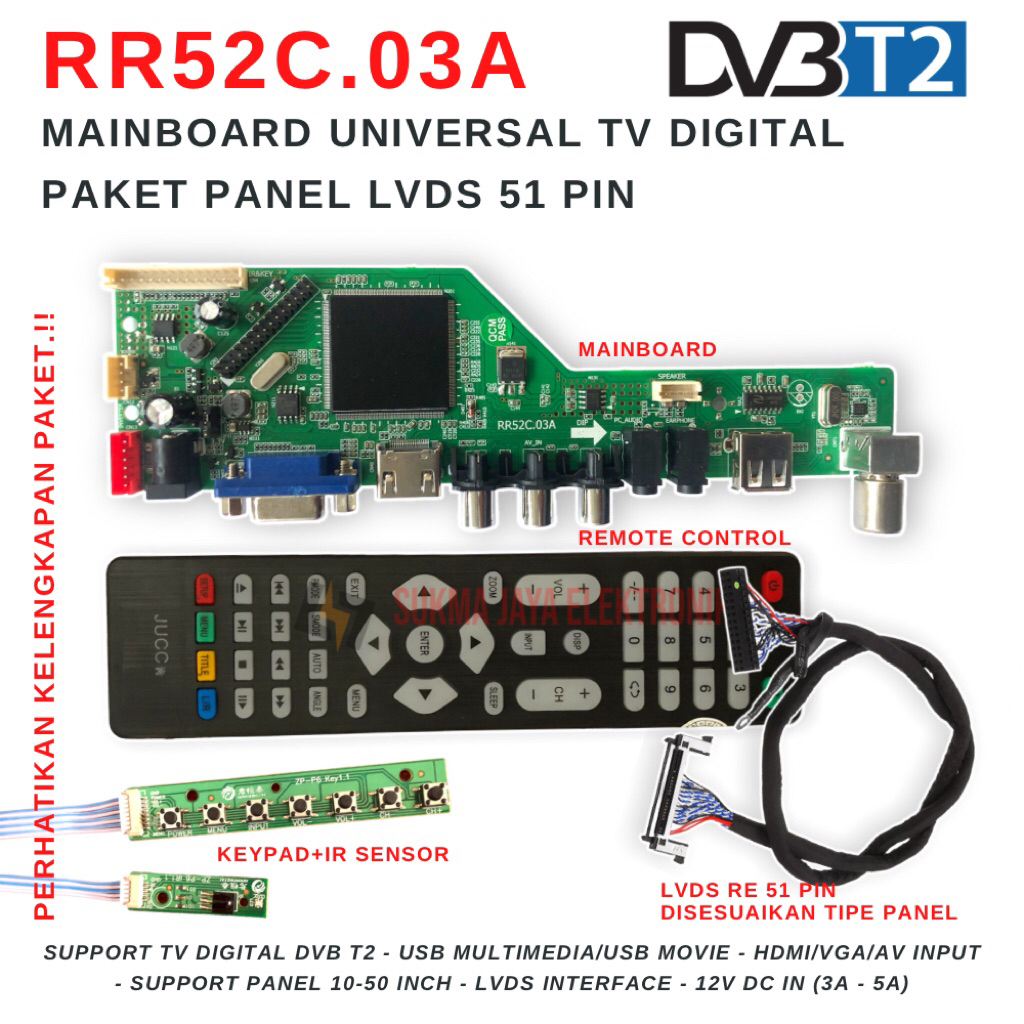 Paket Panel LVDS 51 PIN  Mainboard TV Digital DVB T2 DTV Universal Controller Board Mesin Driver Tel