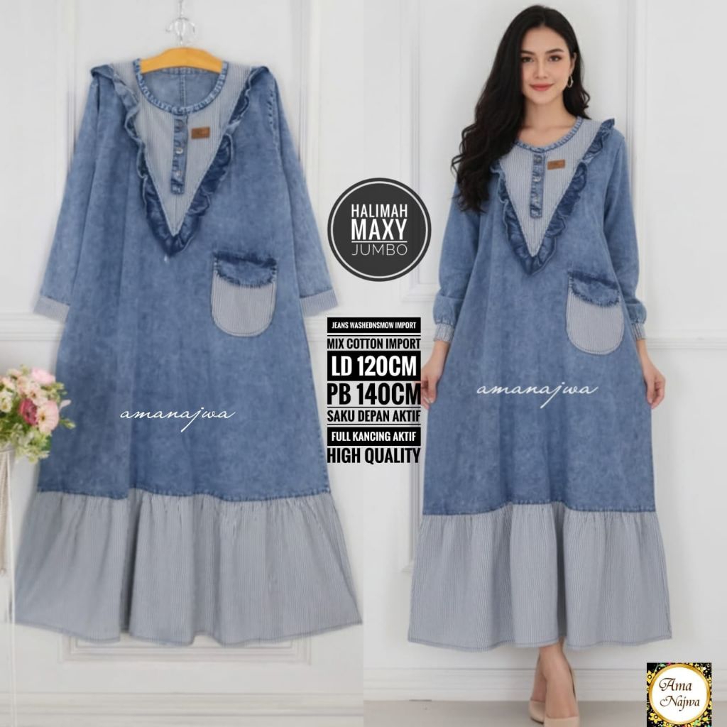 JUMBO LD 120 cm HALIMAH MAXY GAMIS BAJU JEANS WANITA BY AMANAJWA