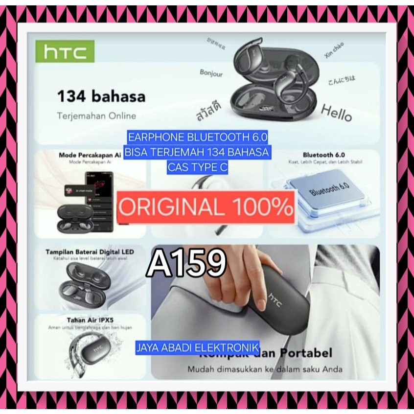 A159 EARPHONE HTC ORI 100%  BLUETOOTH 6.0 ALAT TERJEMAH SEGALA BAHASA HANDSFREE BLUTUT CAS TYPE C HE