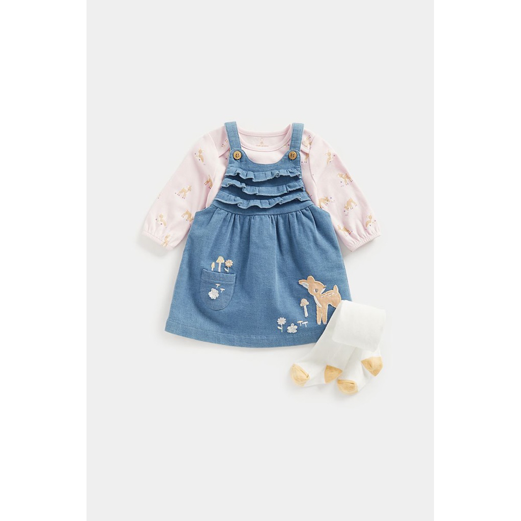 mothercare denim pinny dress, bodysuit and tights set