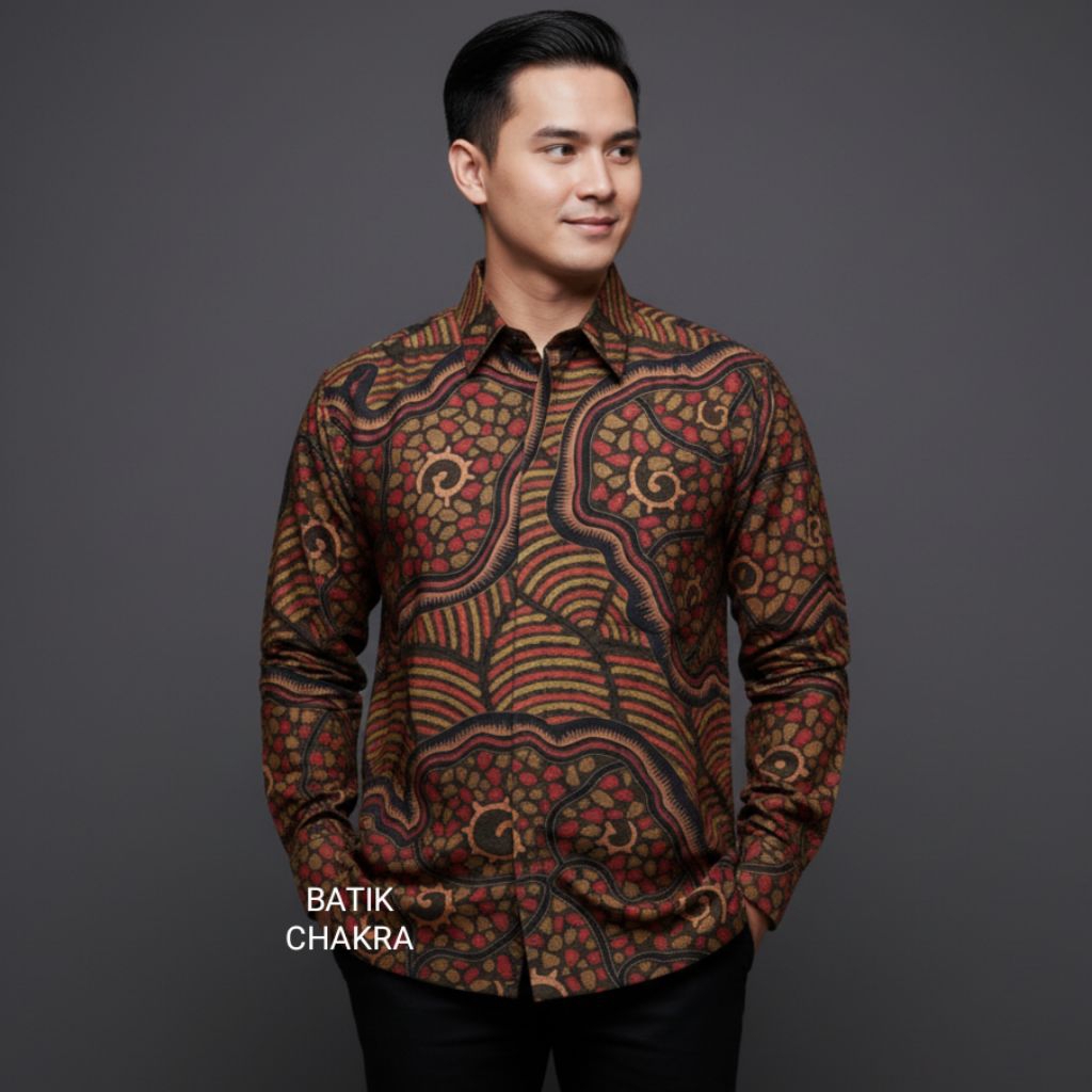 Kemeja batik pria COKLAT lengan panjang bahan doby motif terbaru