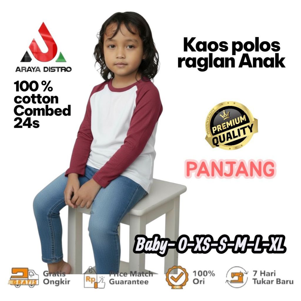 ARAYA kaos polos anak Raglan/cotton combed 24s/tebal/lengan panjang