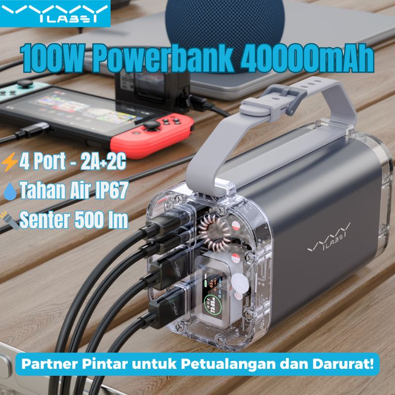 Vyvylabs ​​Power Bank 40000mAh 100W Cas Cepat, IP67 Tahan Air & Debu, Senter Lampu 500 Lumen, 4 Port