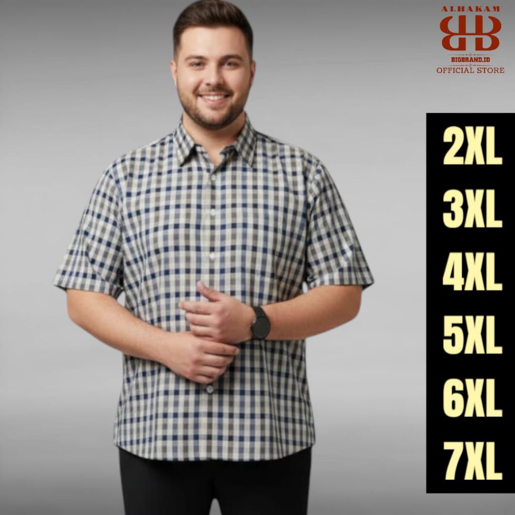 BIGBRAND Baju Kemeja Kotak Kotak Pria Jumbo Hem Cowok Formal Katun Premium