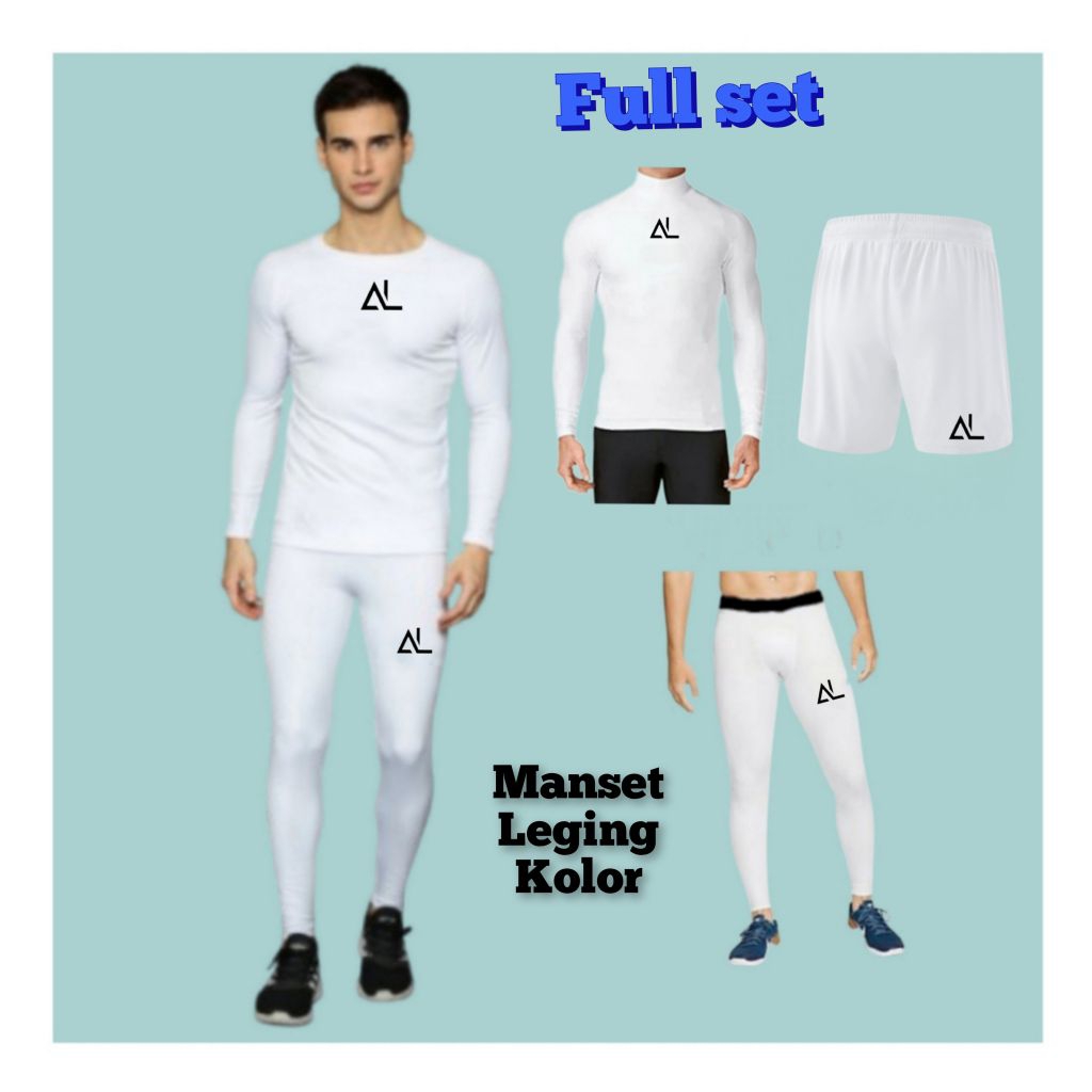 FULL SET OLAHRAGA PRIA STELAN MANSET PUTIH BAJU MANSET PUTIH CELANA LEGGING PUTIH CELANA PENDEK PUTI