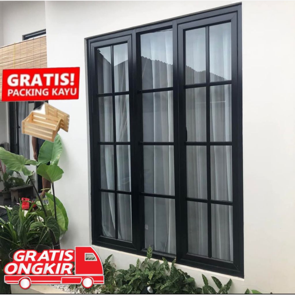 kusen jendela auminium kanan kiri aktif tengah mati ukuran T160 L150 free pecking kayu