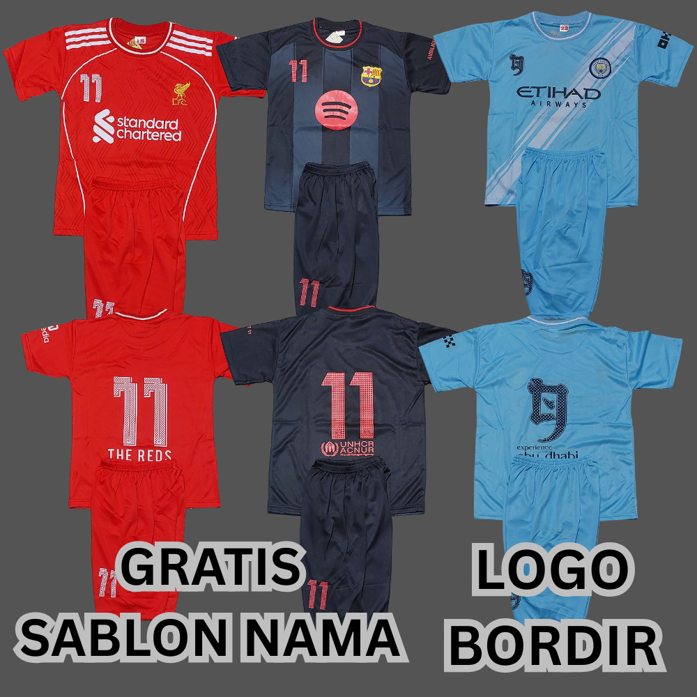 COD GRATIS CUSTOM NAMA SETELAN BAJU BARCELONA HITAM MURAH/JERSEY SETELAN BAJU BOLA ANAK M CITY UMUR 