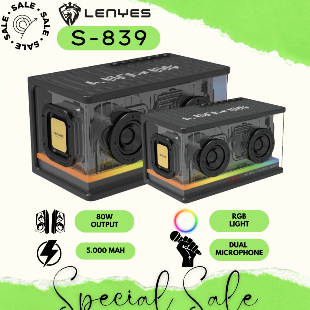 Speaker LENYES S839 WIRELESS  Speaker Bluetooth 5.2 Transparant RGB Light TWS Jam Display Digital