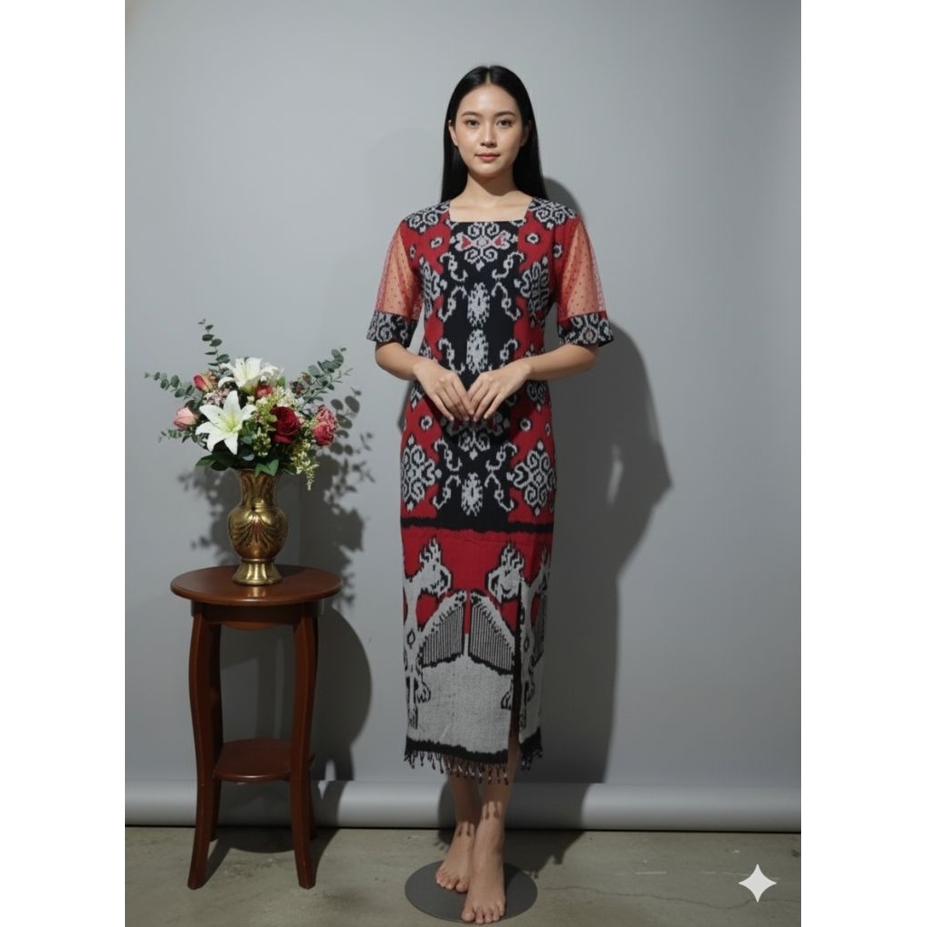 dress Aruna etnik, baju wanita etnik kekinian mix tile dot