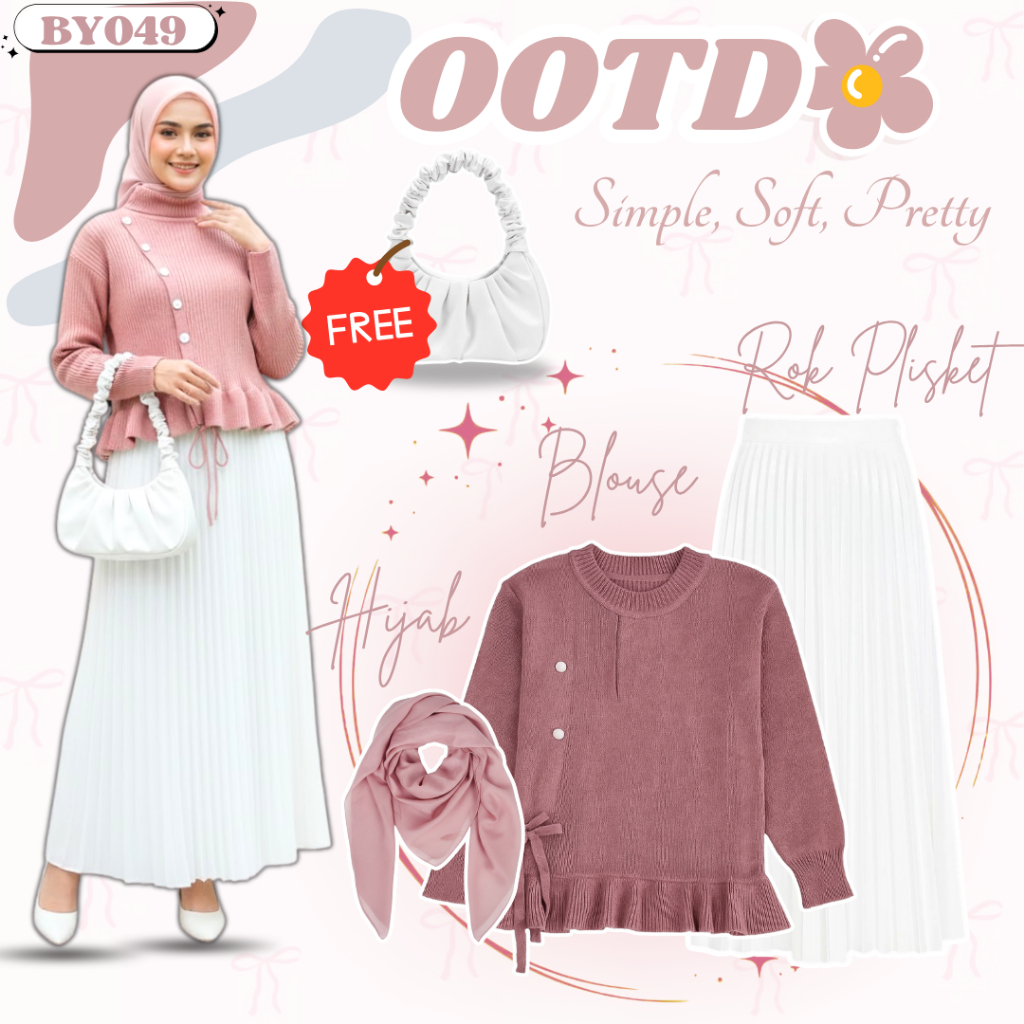 Set Wanita 4in1 | Blouse Rajut Tali Dusty Pink | Rok Plisket Broken White | Hijab Dusty Pink | BY049