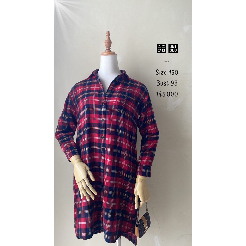 Mini dress tunik uniqlo kids original flanel tartan motif kotak kotak merah hitam premium preloved m