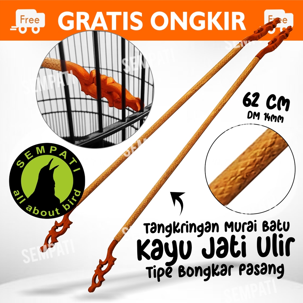 SEMPATI Tangkringan Pangkringan Bongkar Pasang Ukir Kayu Jati Halus 62cm isi 2 Sangkar kandang bulat
