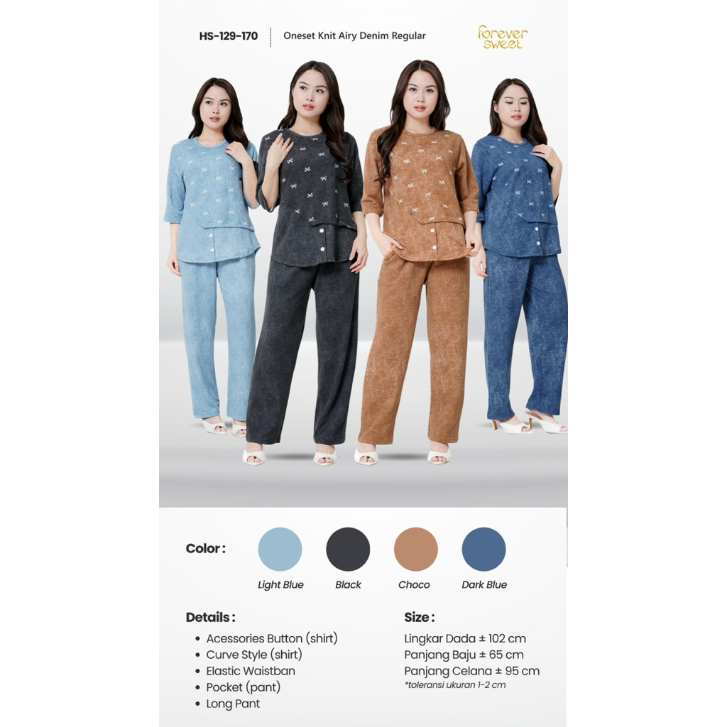 Oneset Sporty Atasan Lengan 7/8 Celana Panjang Knit Airy Denim Regular Kekinian Forever Sweet Concep