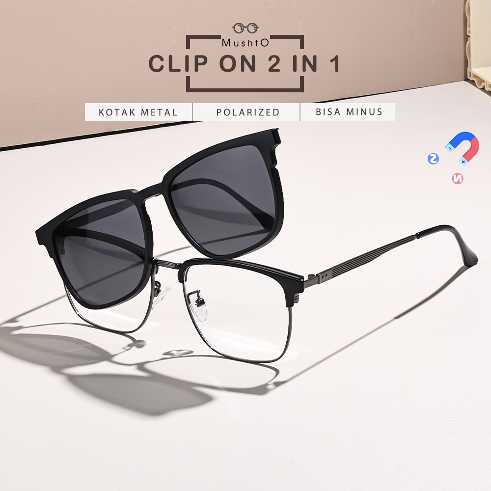 MushtoKacamata 2in1 Clip On Magnetic Night Vision Polarized TR+Metal Bisa Minus Anti Blueray Unisex 