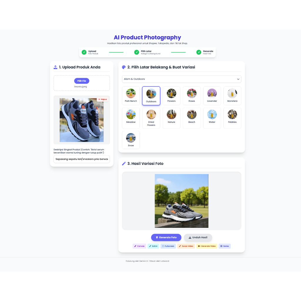 AI Product Photography – Generator Foto Produk Otomatis + Canvas, Edit AI, Prompt Video