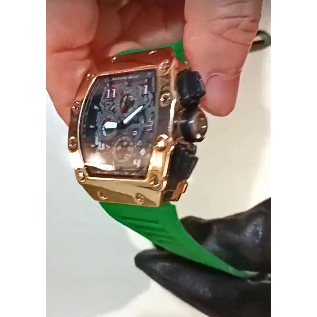 Jam Richard Mille import beli di kapal pesiar crono aktif mesin batt jpn tali hijau rose gold mewah 
