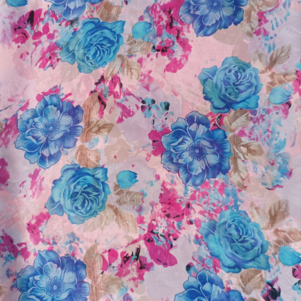 Kain Ceruti Motif Bunga Mawar Biru Pink Per 0.5 Meter / Ceruty Babydoll High Quality Jilbab Outer (H