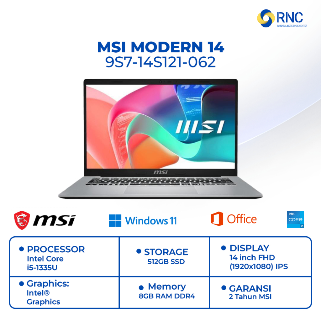Laptop MSI Modern 14 9S7-14S121-062 Intel Core i5-1335U RAM 8GB SSD 512GB Windows 11