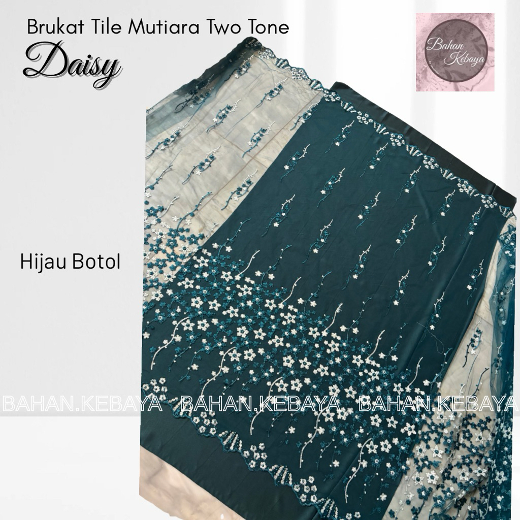 Brokat Tile Tulle Bordir Mutiara Two Tone Bahan Kebaya Murah Motif Daisy Pearl Series Warna Hijau Em