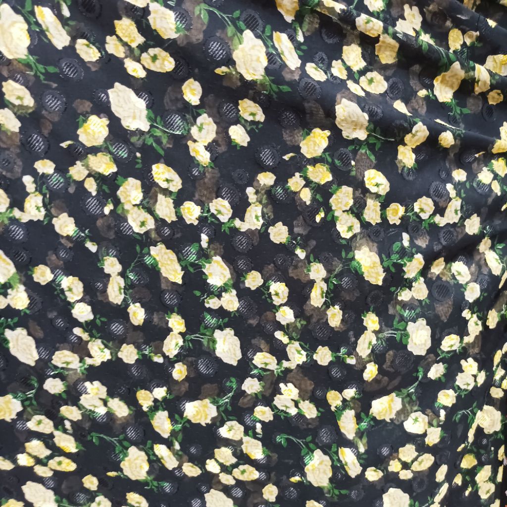 KAIN SIFON URAGIRI BUNGA KECIL KUNING HITAM - KAIN RUBIAH MOTIF BULAT HARGA/0,5M KYT