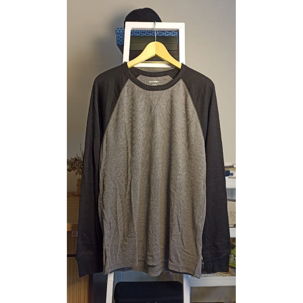 Old Navy Thermal Waffle Knit Long Sleeve Raglan Kaos Lengan Panjang Pria Kaos Old Navy Basic Pria Wa