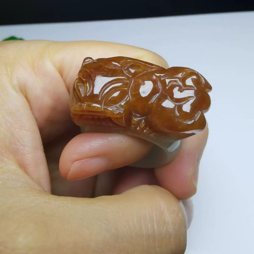 [100% Asli Natural Giok/Jadeite] FEATHER HONGKONG - Cincin Full Giok Crafting Pixiu Naga Kuning Yunn