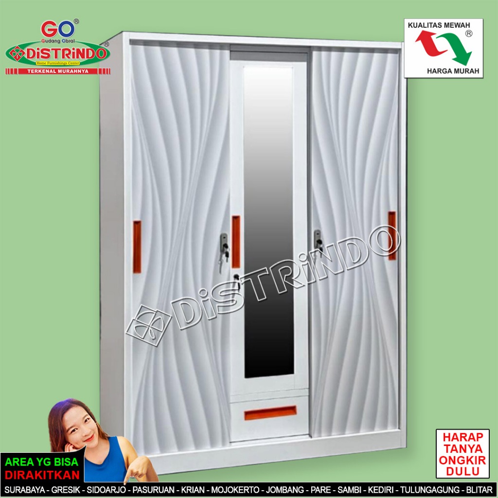 DISTRINDO Lemari Besi 3pintu Sliding / Lemari Pakaian Besi 3Pintu