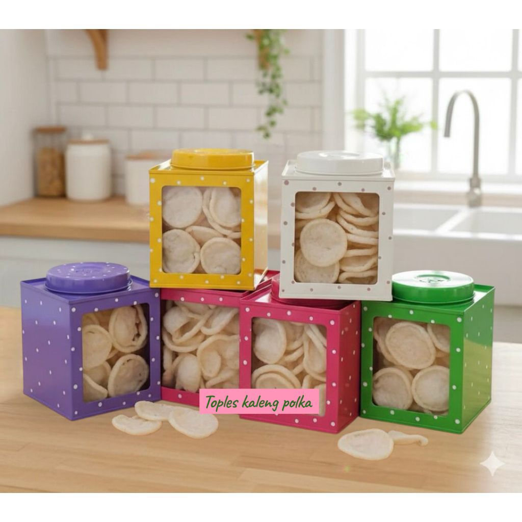 Toples Kaleng Polkadot size 9x9x11Cm - Toples kerupuk mini motif - Toples jadul vintage - toples leb