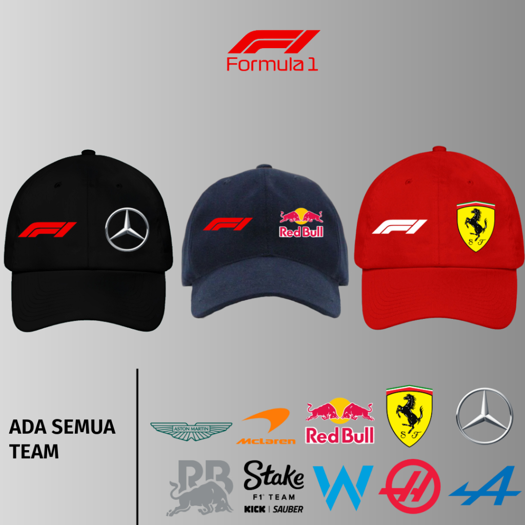 TOPI BASEBALL F1 LOGO TEAM KIRI KANAN FERRARI MCLAREN MERCEDES REDBULL WILLIAMS RACINGBULLS ASTONMAR