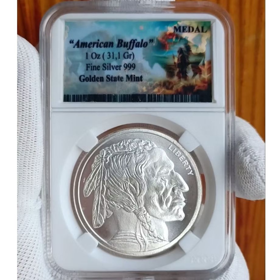 Indian Head - Kepala Suku Indian 1 Troy Ounce GSM Buffalo Round, Medali Perak Legends.