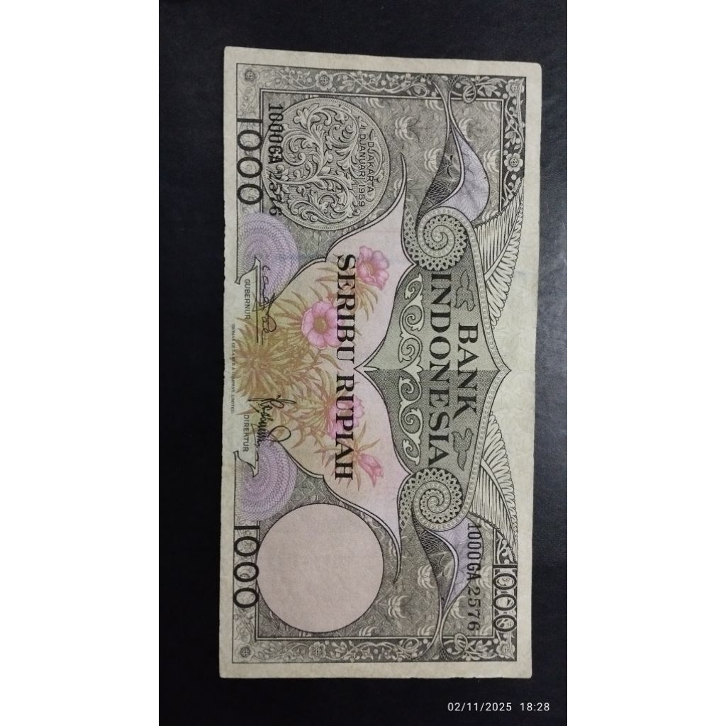 UANG KUNO 1000 RUPIAH SERI BUNGA TAHUN 1959