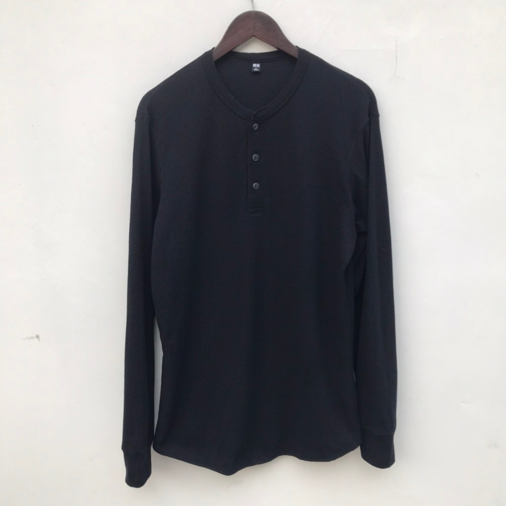 Kaos by Uniqlo Henley Waffle Long Sleeve Shirt Black sz Large