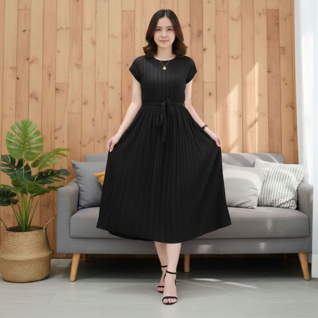 Dress Midi Plisket Import Terbaru 2025 / Dress Wanita / Dress Korea / Dress Plisket Murah / Dress Ju