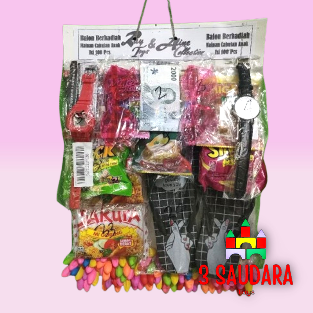 Lotre balon cabutan berhadiah isi 100pcs.