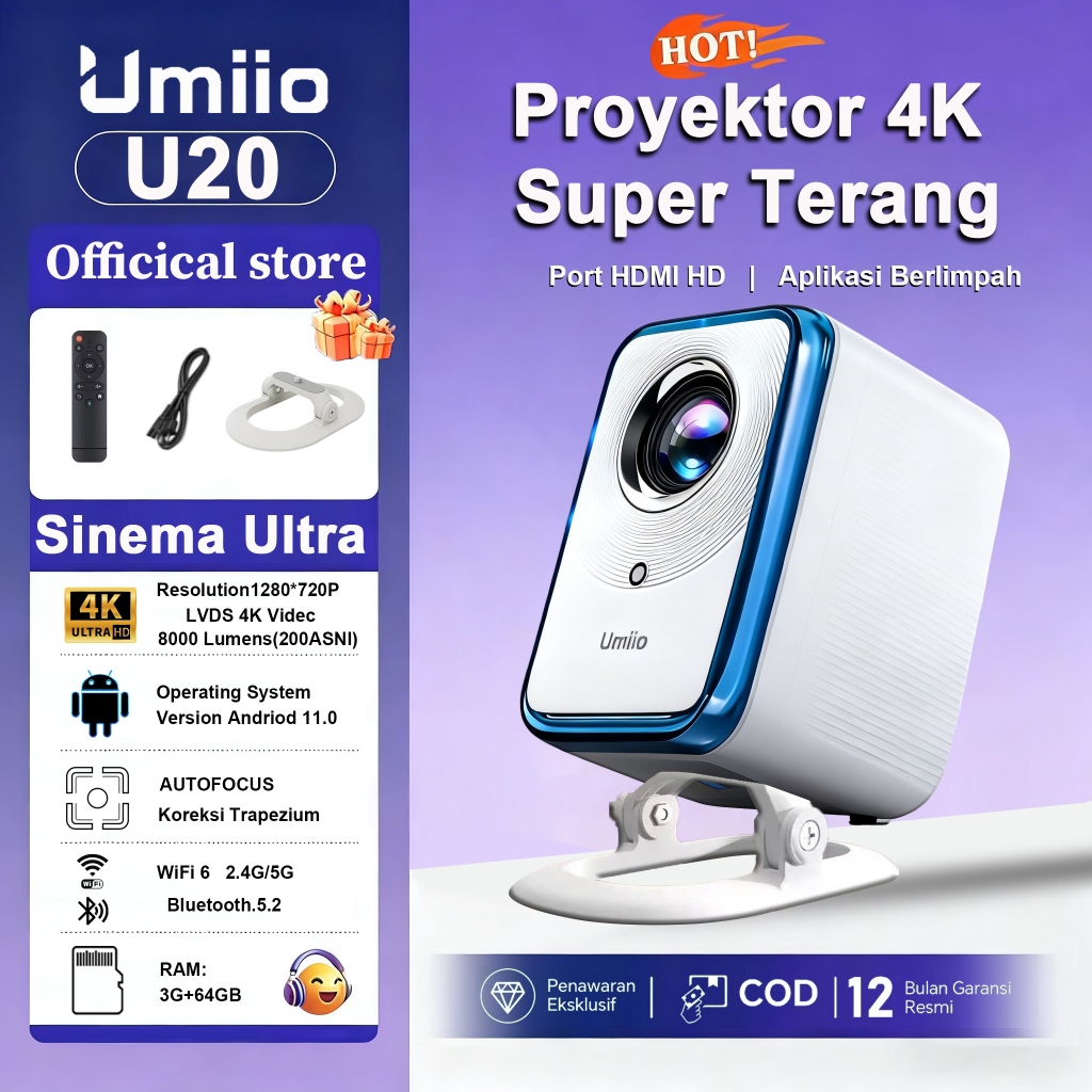[NEW UPGRADE]Umiio A007/U20 Proyektor Android TV 4k Full Hd 1080P HDMI 1200ANS Lumens Smart Projecto