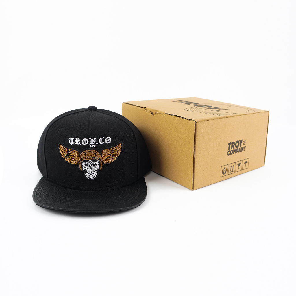 [Free Box] Troy Company Snapback Cap Skull - Topi Hitam Snapback SND 3392