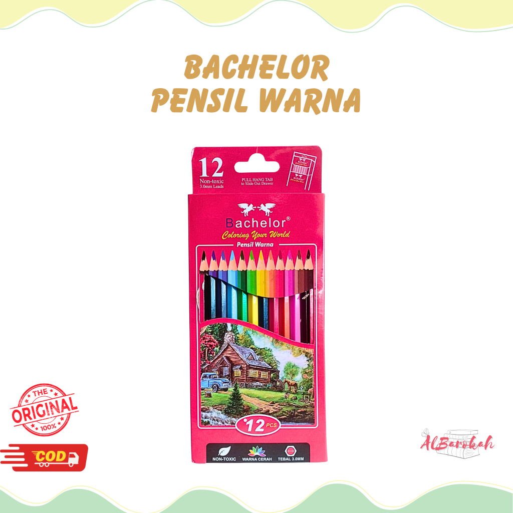 Pensil Warna Bachelor 12 Warna Original 3.0mm Non Toxic Warna Cerah