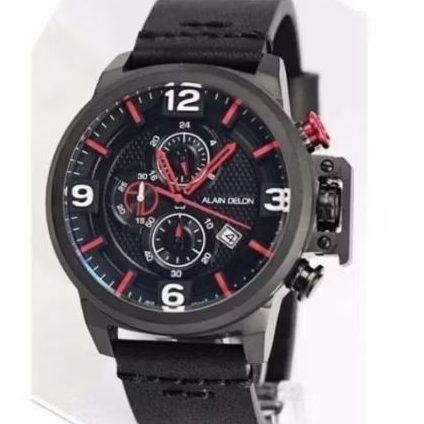 Alain Delon AD419-1765C black jarum merah chrono pria original