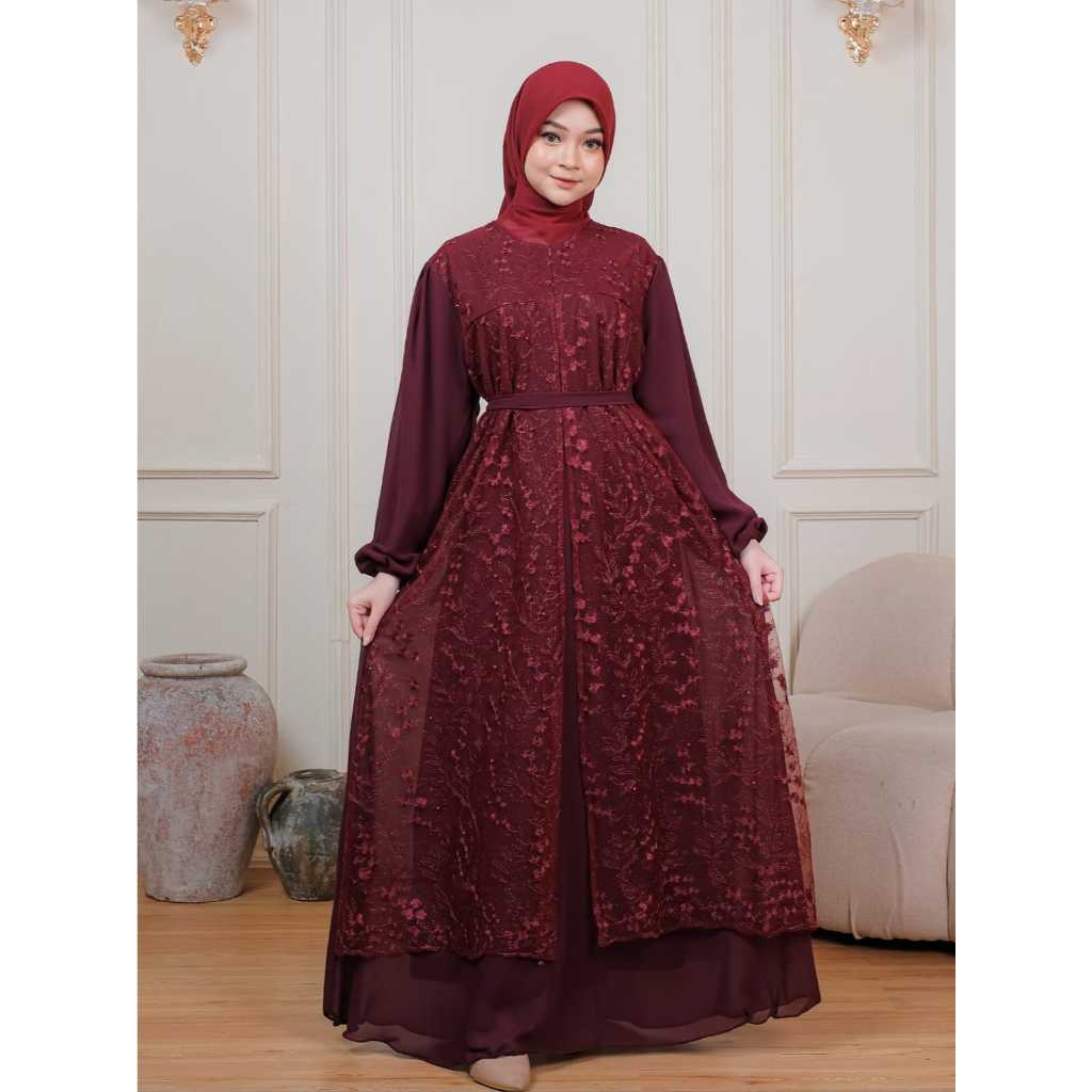 Gamis Brokat Terbaru Tren 2025 Adiba Dress Ceruty Babydoll Tile Payet Import Premium Jumbo Lebaran V