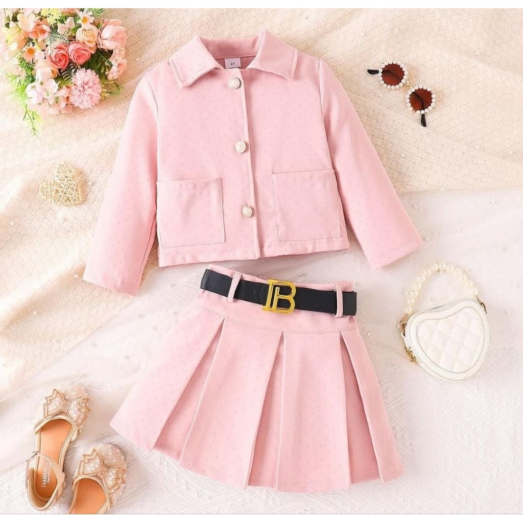 ANGELWISE- Bkeza Girl set pink- setelan formal anak cewek-setelan rok anak-setelan anak cewek premiu
