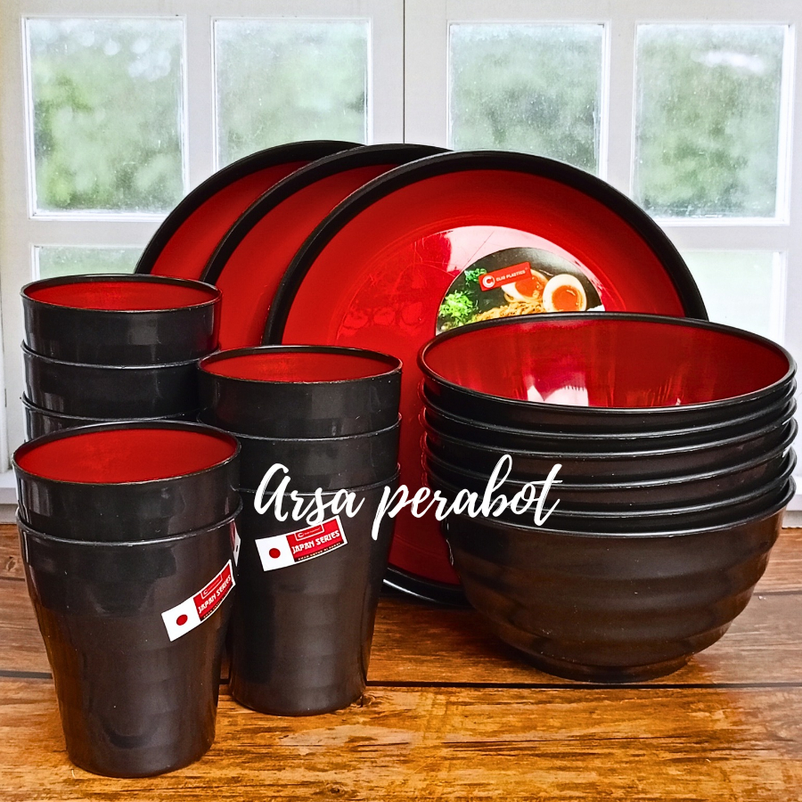 12PCS RAMEN SEAT GRATIS SENDOK ISI 4PIRING 4MANGKUK 4 GELAS RAMEN HITAM MERAH SUPER MEWAH