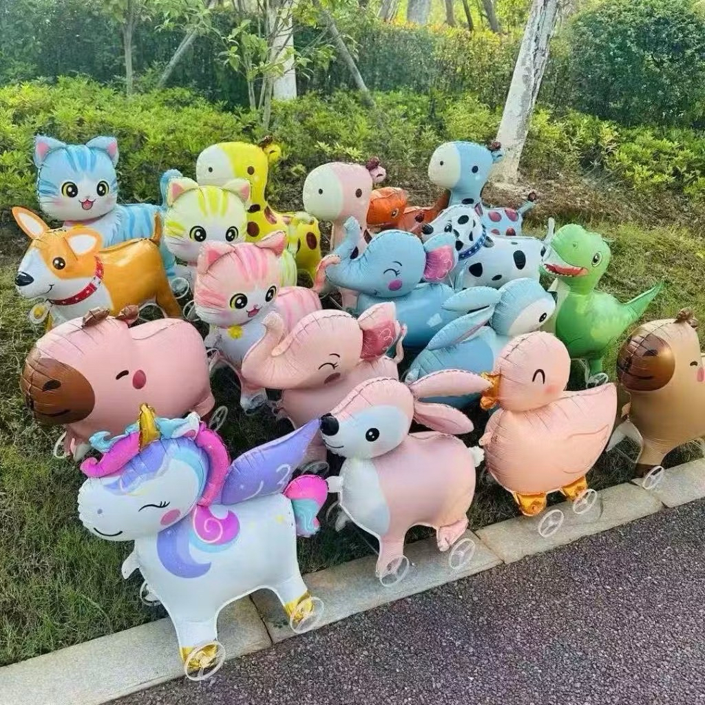 BALON FOIL RODA 4D KARAKTER BISA JALAN UNICORN BEBEK GAJAH JERAPAH ANJING KUCING KELINCI DINO CAPYBA